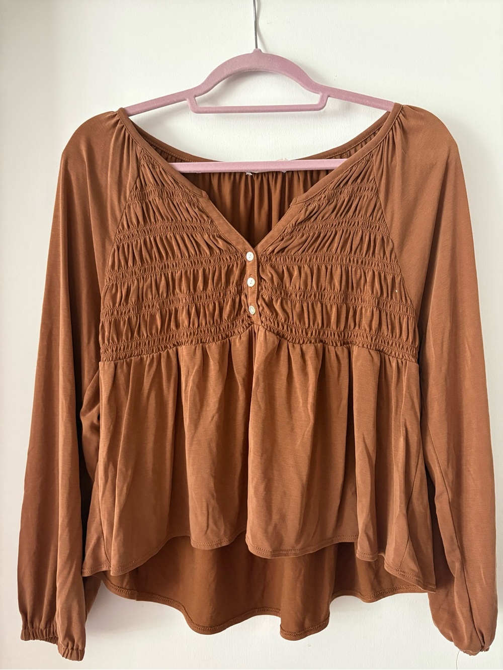 Lucky Brand Rust Brown Smocked Peasant Blouse
